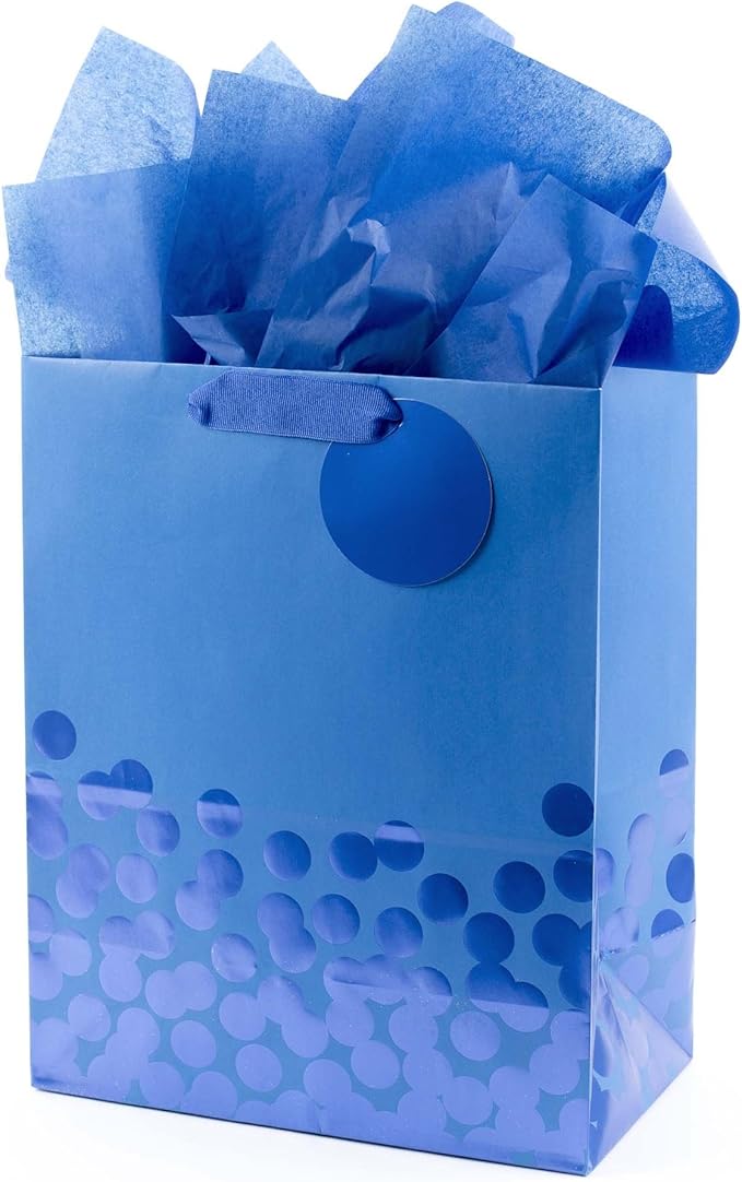 Hallmark 13" Large Gift Bag with Tissue Paper (Blue Foil Dots) for Hanukkah, Christmas, Birthdays, Fathers Day, Graduation...