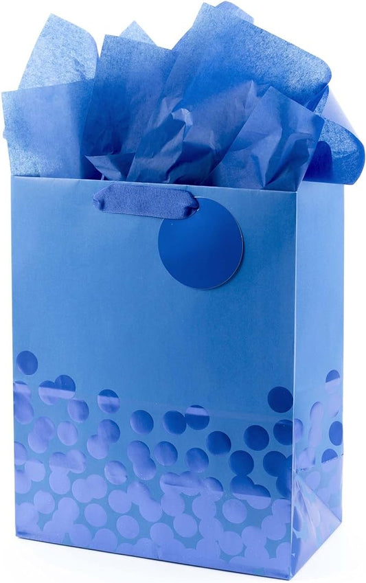 Hallmark 13" Large Gift Bag with Tissue Paper (Blue Foil Dots) for Hanukkah, Christmas, Birthdays, Fathers Day, Graduation...