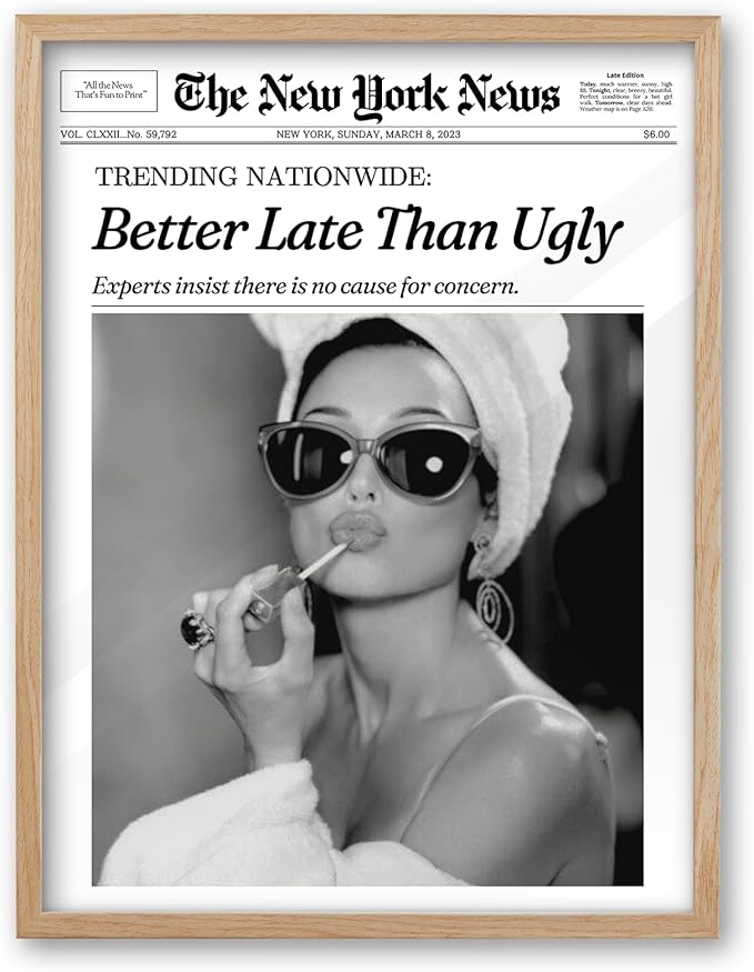 iHery Natural OAK Wood Audrey Hepburn Newspaper Trendy Framed Wall Art, 12x16 in Vintage Headline Canvas Bedroom Wall Deco...