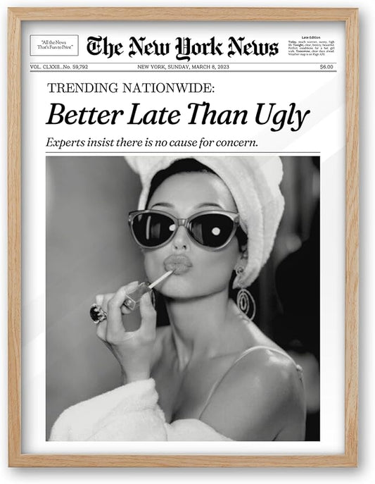 iHery Natural OAK Wood Audrey Hepburn Newspaper Trendy Framed Wall Art, 12x16 in Vintage Headline Canvas Bedroom Wall Deco...