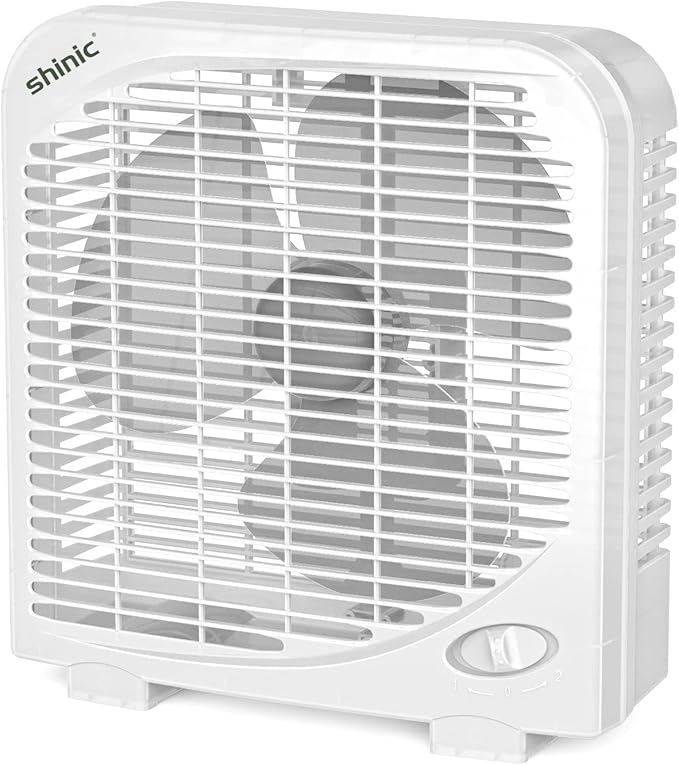 shinic 10" Tabletop Box Fan for Bedroom, 2 Speeds, Quiet Table Fan with Strong Airflow, Energy Efficient Small Box Fan, Po...