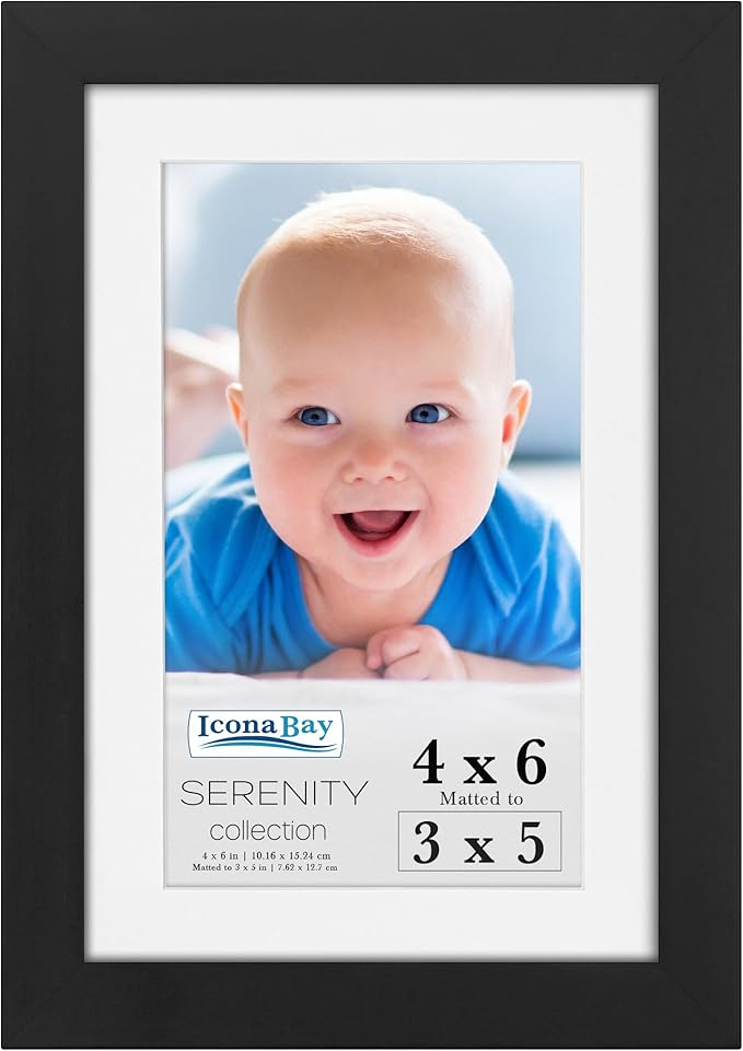 Icona Bay 4x6 Picture Frame w/Removable Mat for 3x5 Photo (Black), Sleek Modern Style Frame, Table Top or Wall Mount, Sere...