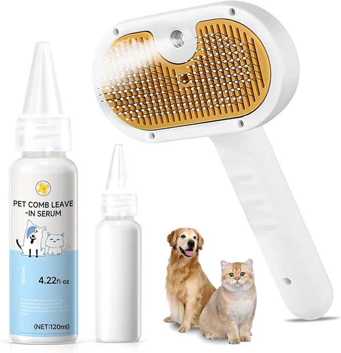 Pet Steam Brush for Dog & Cat – 3-in-1 Spray Hair Removal Comb for Shedding & Grooming, Softens Fur & Reduces Static – Wat...