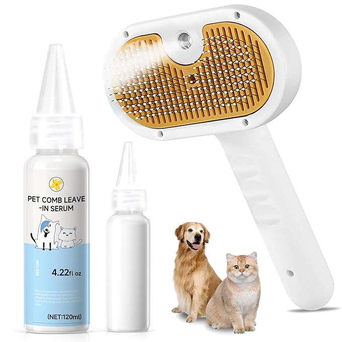 Pet Steam Brush for Dog & Cat – 3-in-1 Spray Hair Removal Comb for Shedding & Grooming, Softens Fur & Reduces Static – Wat...