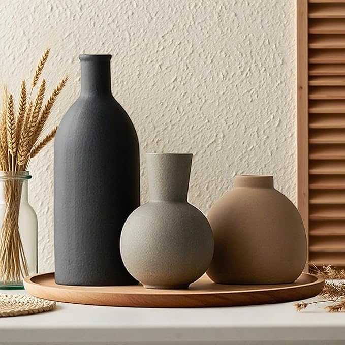 Ceramic Vase Set of 3, Vases Home Decor, Neutral Rustic Modern Farmhouse Decor, Pottery Vases for Pampas Grass Dried Fresh...