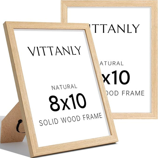 Vittanly 8x10 Picture Frame Set of 2, Solid Wood Frame for Wall or Tabletop, Display Photo 5x7 with Mat or 8x10 without Ma...