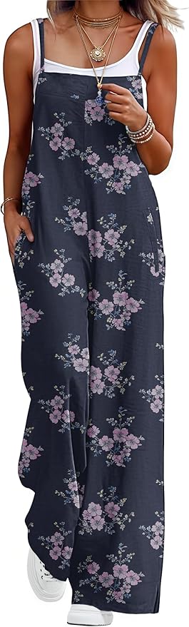 Lepunuo Womens Casual Loose Jumpsuits Summer Boho Wide Leg Rompers Sleeveless Overalls with Pockets