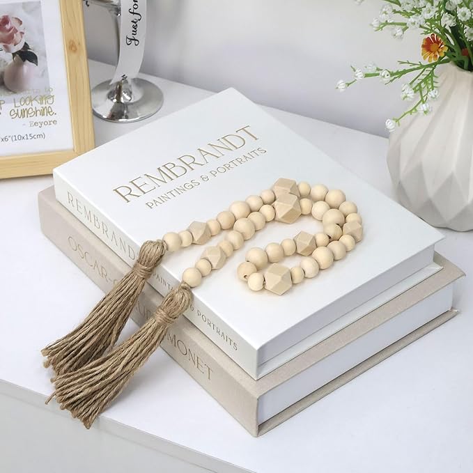 SHOWEROSE Decorative Books, Coffee Table Decor, 2 Linen Faux/Fake Books with Farmhouse Beads for Home Decor, Bookself, Ent...