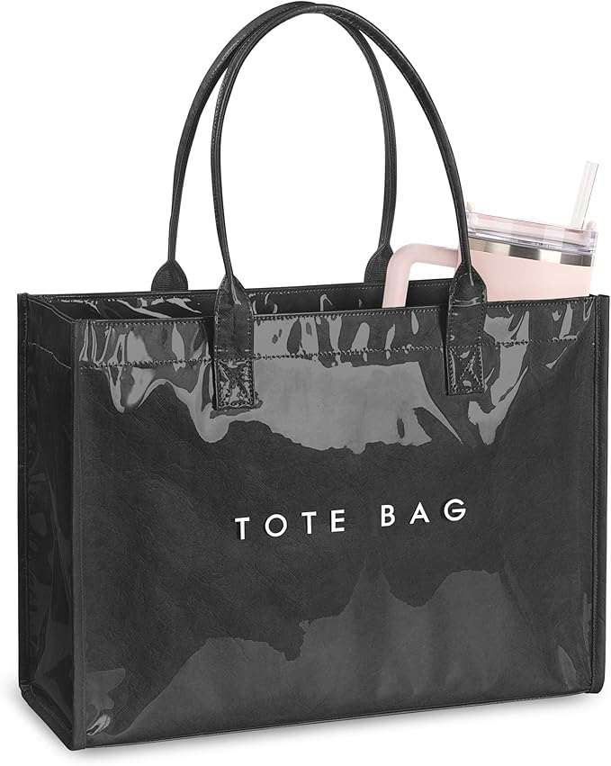 Large PVC Tote Bag for Women, Kraft Paper Handbag Beach Tote with Letter Print, Top Handle Purse for Work Travel Shopping