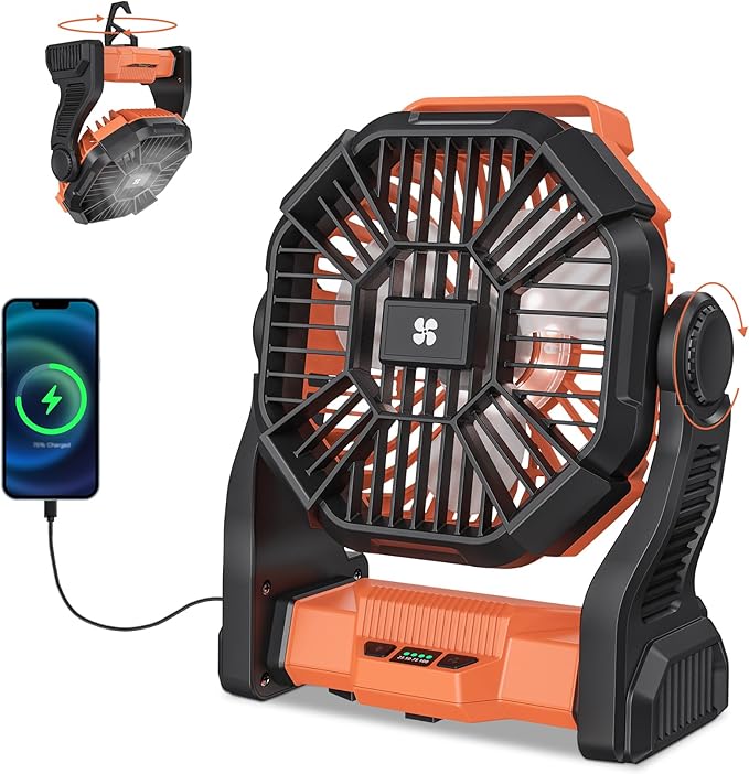 Deller Portable Camping Fans, Battery Operated Fan with LED Light 4 Speeds & Hook, Cordless Battery Powered Fans for Tent ...