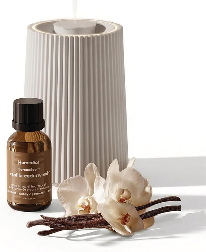 Homedics Waterless Essential Oil Diffuser with 15ml Vanilla Cedarwood Fragrance Oil. SereneScent Cordless Cold Air Scent D...