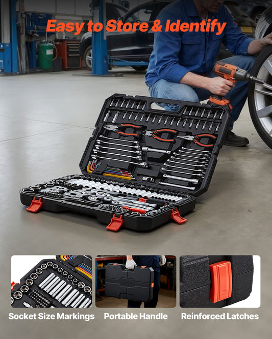 Mechanics Tool Set, 314-Piece Mechanic Tool Kit, 1/4 In, 3/8 In, And 1/2 In Drive, Metric Socket Set, Wrenches, Screwdriver Bits, Accessories, And Storage Case, For Automotive And Home Repair