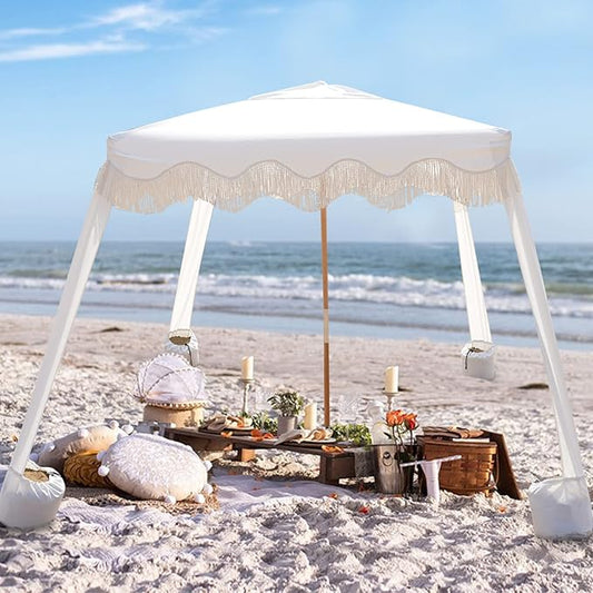 AMMSUN Beach Cabana with Fringe, 6.5' x 6.5' Boho Beach Canopy with Tassels, Easy Set up & Premium Wood Pole, Cabana Tent ...