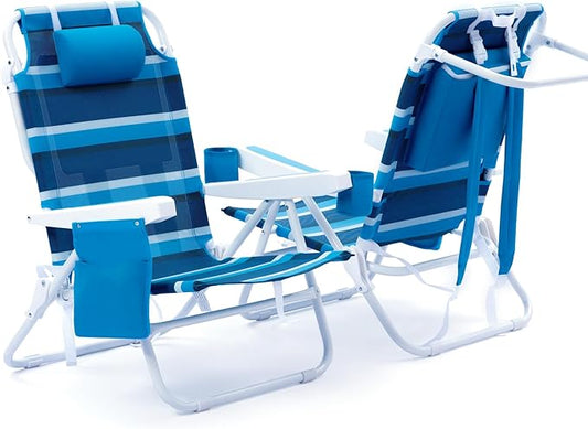 WTVIDAS Beach Chair 2 Pack, 5 Positions Textilene Folding Reclining Beach Chair with Backpack Straps, Cooler Bag & Cup Hol...