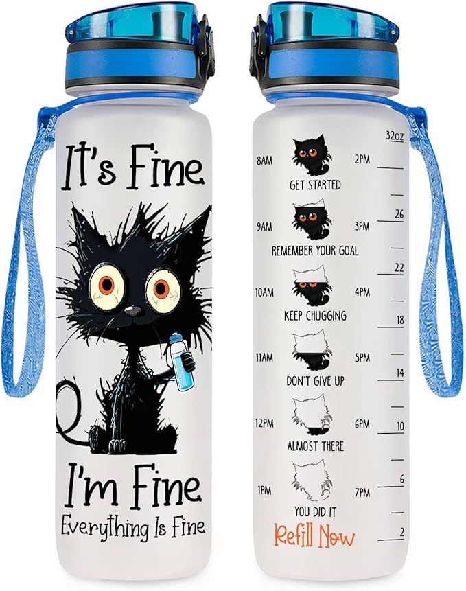34HD Crazy Cat Water Bottle 32 oz Tritan Plastic, Its Fine Everything Is Fine Water Bottle, Funny Birthday Mothers Day Hal...