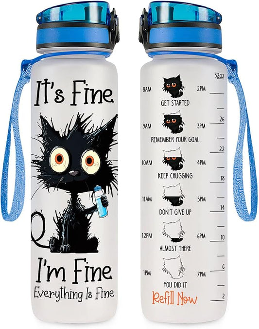 34HD Crazy Cat Water Bottle 32 oz Tritan Plastic, Its Fine Everything Is Fine Water Bottle, Funny Birthday Mothers Day Hal...
