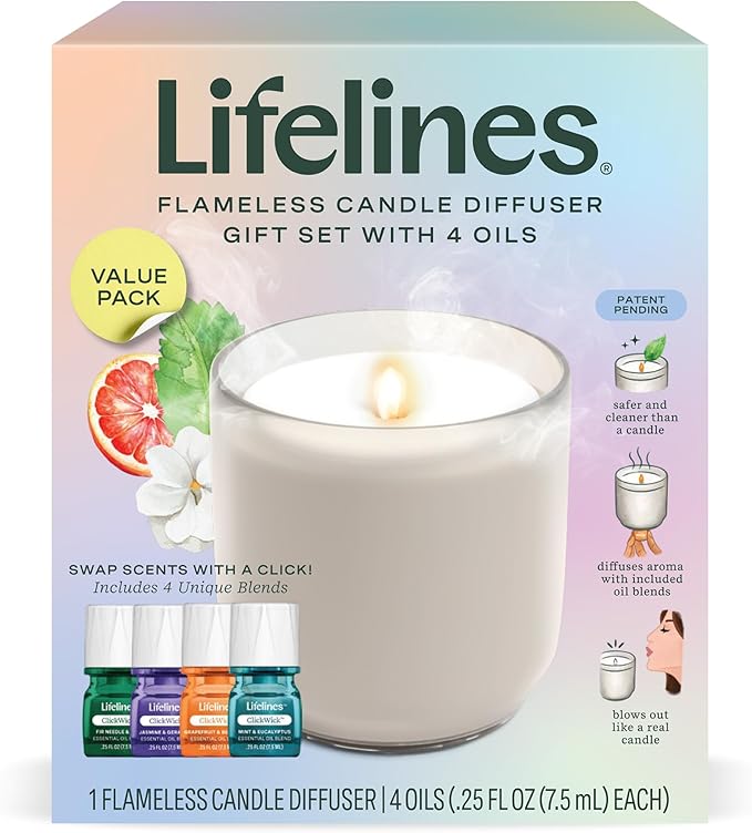 Lifelines Flameless Candle Aromatherapy Essential Oil Diffuser with 4 ClickWick Essential Oil Blends Value Pack - Cordless...