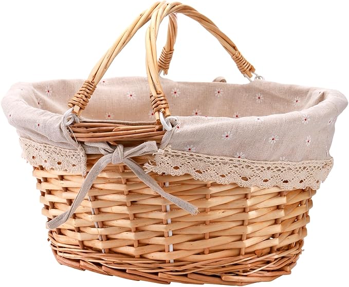 Peohud Wicker Picnic Basket, Woven Empty Easter Basket for Gifts, Picnic Hamper with Double Folding Handles, Willow Garden...