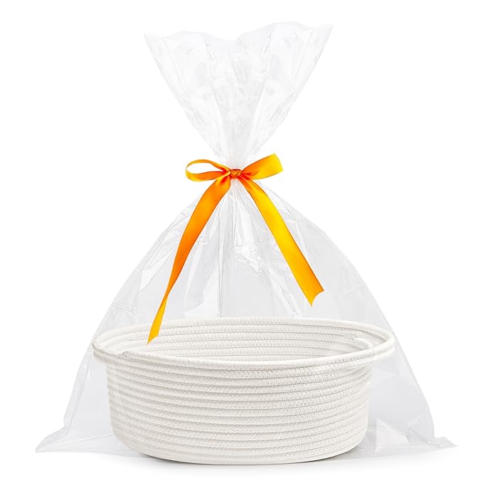 Pro Goleem Small Woven Easter Basket with Gift Bags and Ribbons Durable Burr Baskets for Gifts Empty Small Rope Basket for...