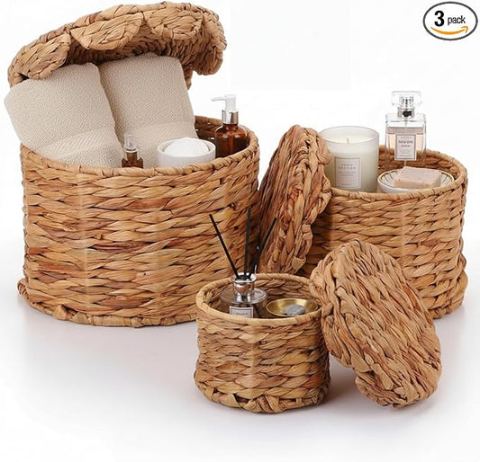 Newtay Set of 3 Scalloped Wicker Storage Baskets with Lid Round Rattan Woven Basket 11'' 8.7'' 6.3'' Natural Water Hyacint...