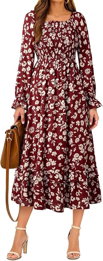 Dokotoo Boho Dresses for Women 2025 Casual Floral Square Neck Long Sleeve Smocked Elastic Waist Tiered Ruffle Hem Maxi Dress
