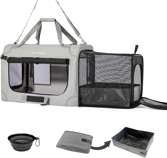 Petseek Extra Large Expandable Cat Carrier Soft Sided for Car, Portable Small Dog Carrier for 2 Cats, 24"x16.5"x16" Road T...