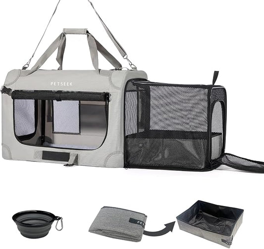 Petseek Extra Large Expandable Cat Carrier Soft Sided for Car, Portable Small Dog Carrier for 2 Cats, 24"x16.5"x16" Road T...