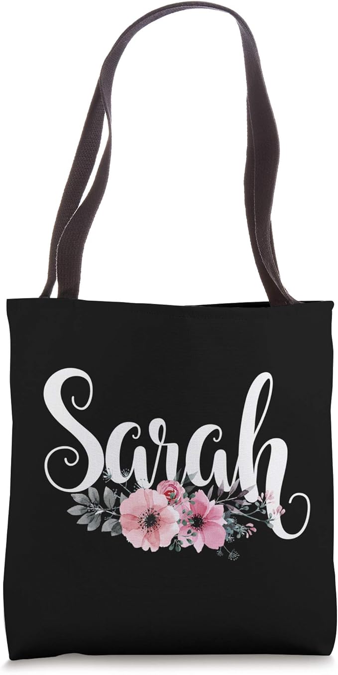 Sarah Name Personalized Floral Pink Black Women Girls Gift Tote Bag