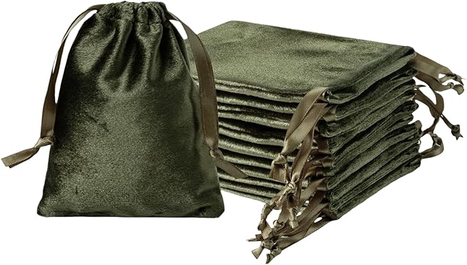 QIANF 12pcs Moss Green Velvet Drawstring Bags 3x4 inches Glossy Small Velvet Cloth Gift Bags Jewelry Pouches for Jewelry S...