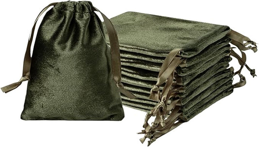 QIANF 12pcs Moss Green Velvet Drawstring Bags 3x4 inches Glossy Small Velvet Cloth Gift Bags Jewelry Pouches for Jewelry S...