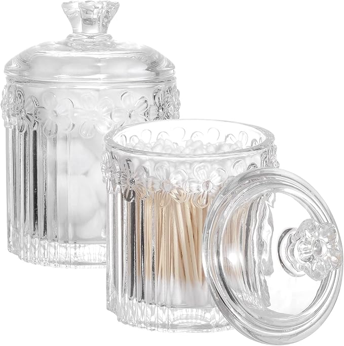 rejomiik 2 Pack Qtip Holder Glass Apothecary Jars with Lids Bathroom Accessories Vanity Organizers and Makeup Storage Cani...
