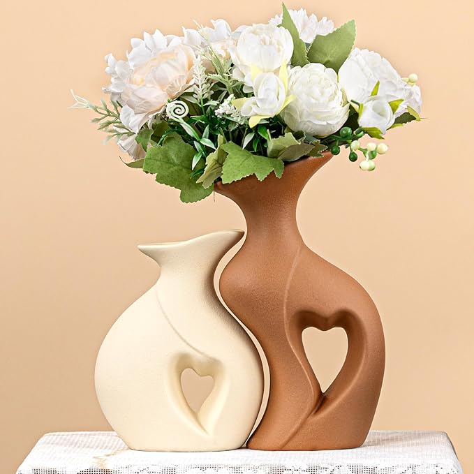 Heart Linked Couple Vase Set - 2-Pcs Beige & Brown Ceramic Vases with Hollow Heart Design, Romantic Gifts for Couples, Wed...