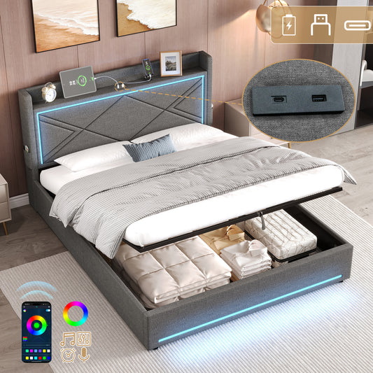4ft6 Double Upholstered Bed Frame With Hydraulic Storage,  Linen Ottoman Bed With LED Lighting And Charging Station, USB And Type - C Ports, No Box Spring Needed, Grey No Mattress