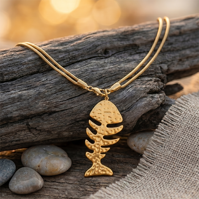 Hammered Fishbone Pendant Necklace For Women, 18K Gold Plated Stainless Steel Snake Chain Choker, Textured Fish Skeleton Summer Beach Jewelry Gift