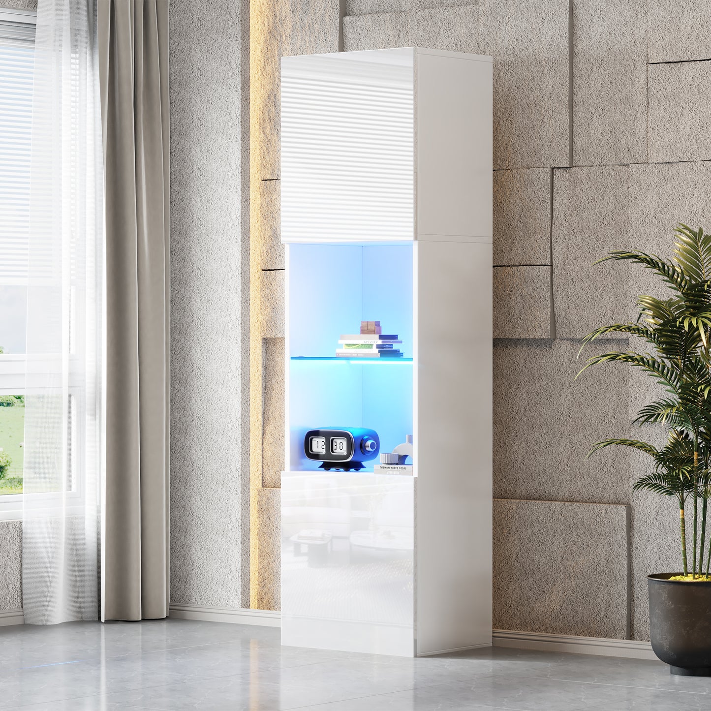 White High Gloss Display Case With LED Lighting, 1 Glass Shelves, 45x35x160 Cm, Display Cabinets, Freestanding Display Cabinets, Tall Cabinets, Storage Cabinets