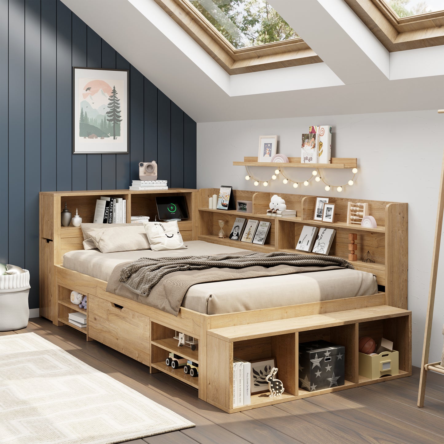 Children's Bed, Storage Bed, 90 X 200 Cm, Single Bed, Multifunctional Children's Bed With Bedside Tables, Shelves And Storage Cupboards, With Wireless Charging, Without Mattress, Natural