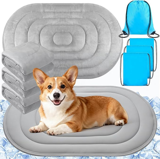 Fiwochic 4 Pack 35" x 19" Cooling Mats for Pet Dog with Storage Bags - Reversible Ice Silk & Velvet Pad Washable Summer Co...
