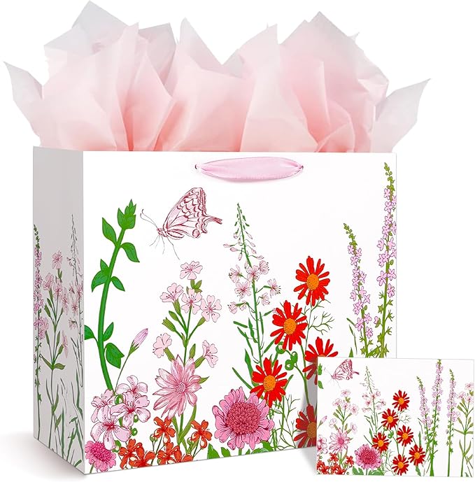 Konsait 13" Large Floral Gift Bags, Red and Pink Flower Gift Bags with Tissue Paper and Card for General Greeting, Bridal ...