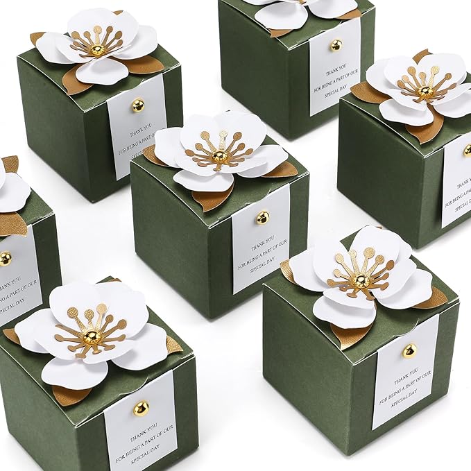 Affrolling 50 Pcs Wedding Favor Boxes with Thanks Card Square Flower Candy Boxes Paper Bridal Gift Box for Guests Wedding ...