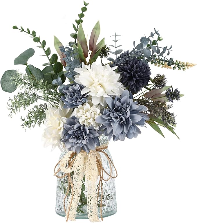 CEWOR Fake Flowers in Vase, Artificial Flowers Arrangement in Vase, Fake Floral Table Centerpieces Decor for Kitchen Farmh...
