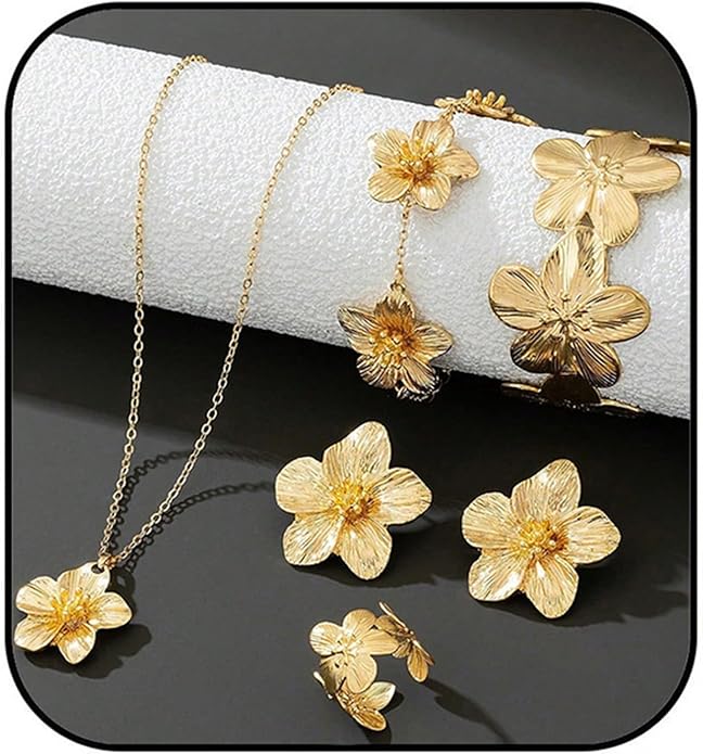 MALOYANVE Golden Flower Necklace Earring Ring Bracelet Set for Women Gold - Toned Floral Jewelry Set Elegant Flower - Shap...