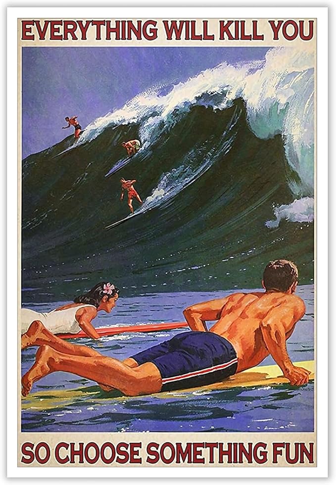 Enveable Retro Hawaii Surfing Fun Poster Summer Tropical Beach Hawaiian Island Beach Art Blue Ocean Wave Surfer Water Spor...