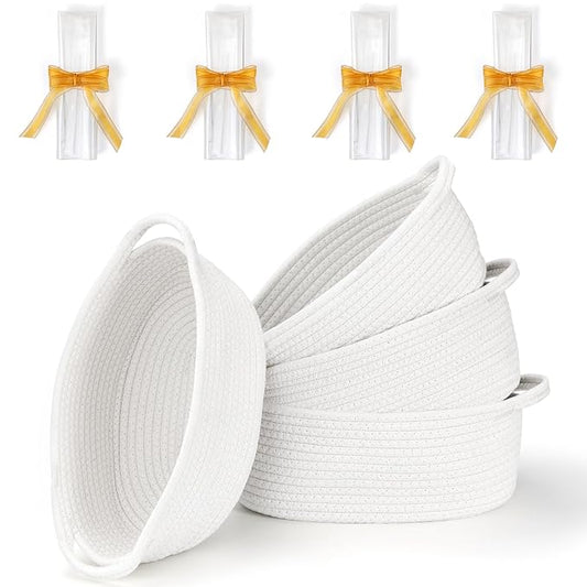4 Pack Small Woven Basket with Handles, All 12"x 8"x 5", Cotton Rope Room Shelf Storage Basket, Cat Toys, Cute Baby Gift B...