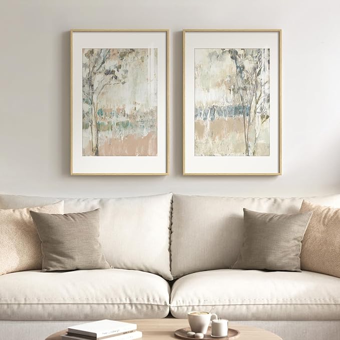 Framed Neutral Abstract Landscape Wall Art for Bedroom, Set of 2 Tree Canvas Large Artwork for Living Room Walls, Modern N...