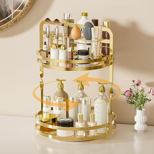 360° Rotating Makeup Organizer, 2-Tier Gold Perfume Organizer for Dresser, Bathroom Organizers Countertop, Perfume Shelf w...
