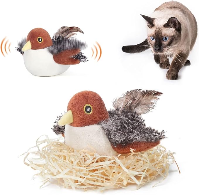 Potaroma Cat Toys Rechargeable Flapping Bird Sparrow, Lifelike Chirp Tweet, Touch Activated Kitten Toy Interactive Cat Exe...