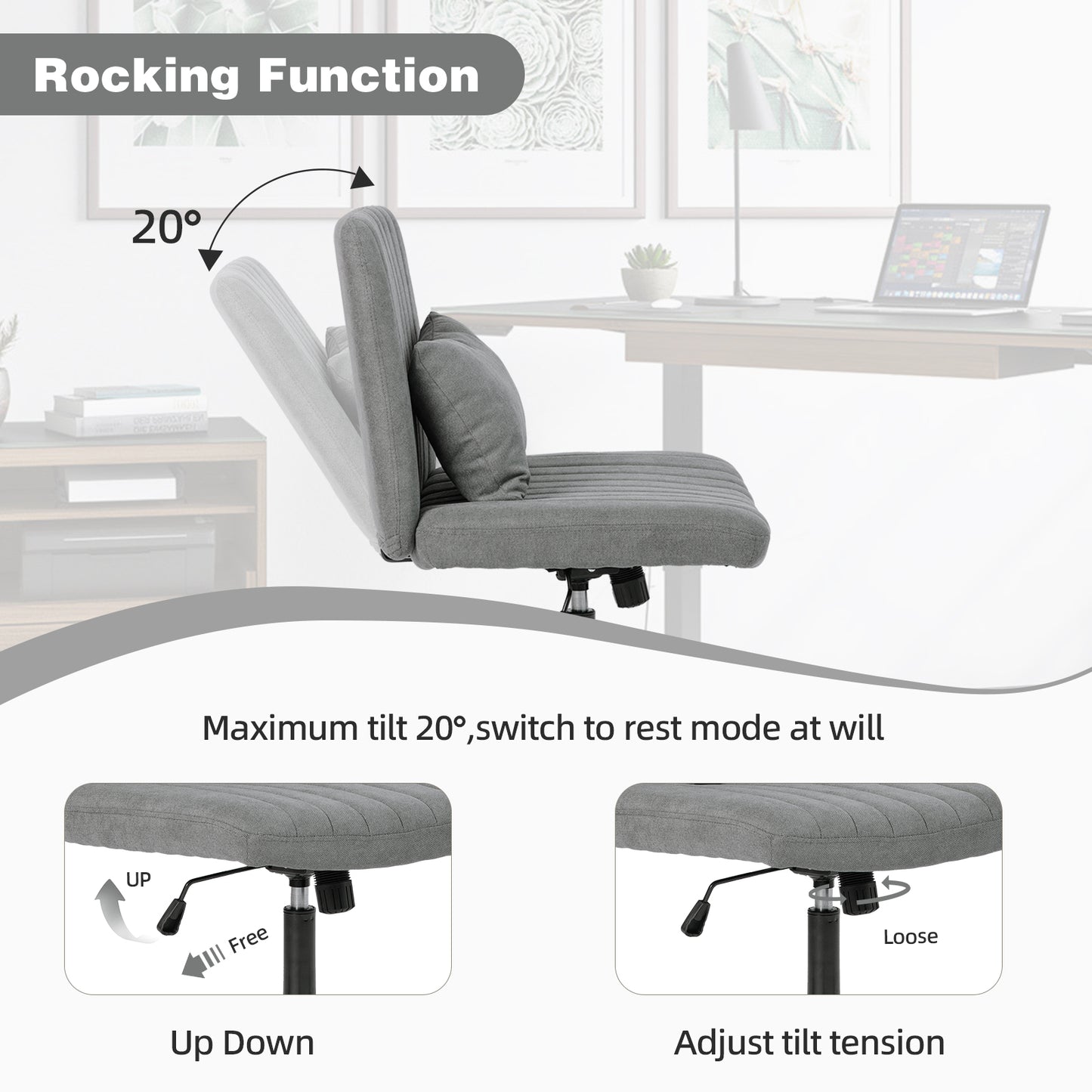 Modern Office Chair Home Office - Height-adjustable Swivel Chair Without Armrests With Quiet Castors & Upholstered Cushions -Elegant Fabric Office Chair For Study & Living Room