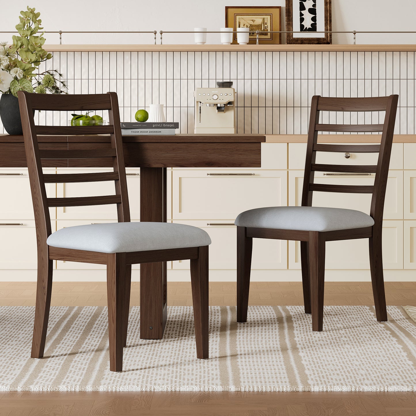 2-Piece Farmhouse Dining Chairs Set, Upholstered Dining Chairs With High Ladder Back, Classic Armless Chairs For Kitchen, Bedroom & Living Room, Walnut