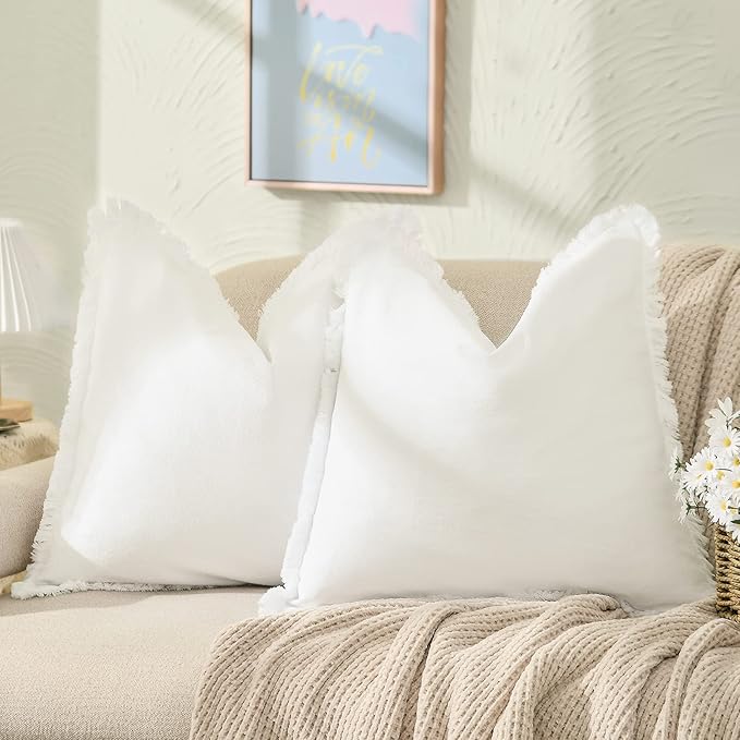 ZWJD Pillow Covers 24x24 Set of 2 Cream Throw Pillow Covers with Fringe Chic Cotton Decorative Pillows Square Cushion Cove...