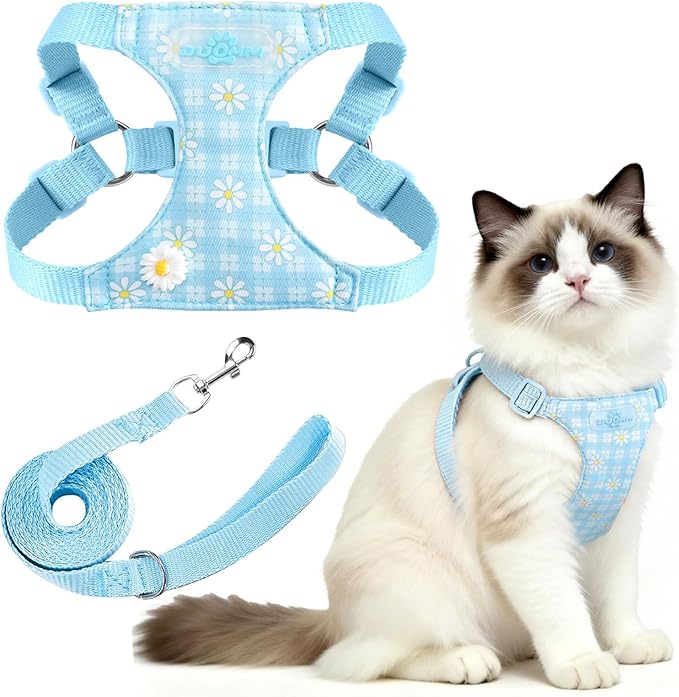 PETCARE Cute Cat Harness and Leash Set Blue Floral Daisy Cat Vest Harness Lightweight Adjustable Step in Spring Summer Sof...